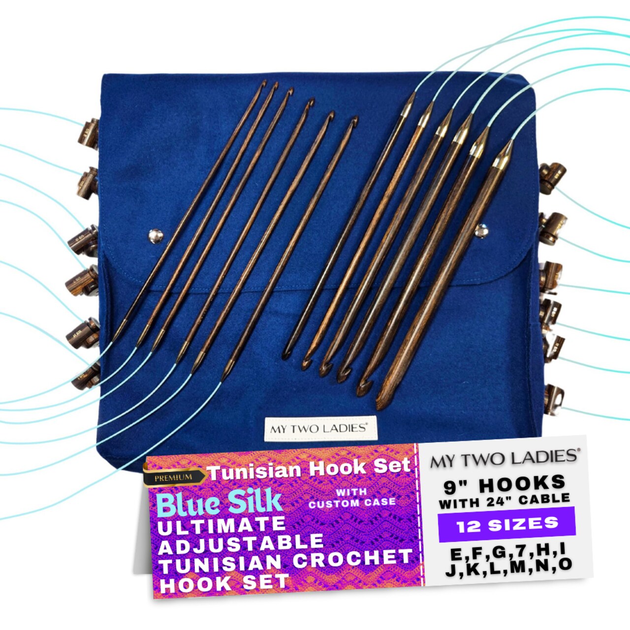 My Two Ladies | Ultimate Blue Silk Tunisian Adjustable Crochet Hook Set | 12 Sizes | w/custom case